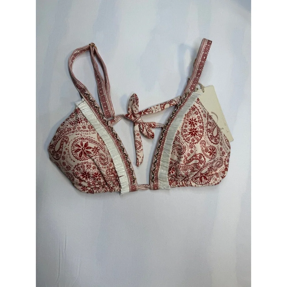 Cosita Linda Red Paisley Beaded Triangle Bikini Top NWT Size L Fringe Boho